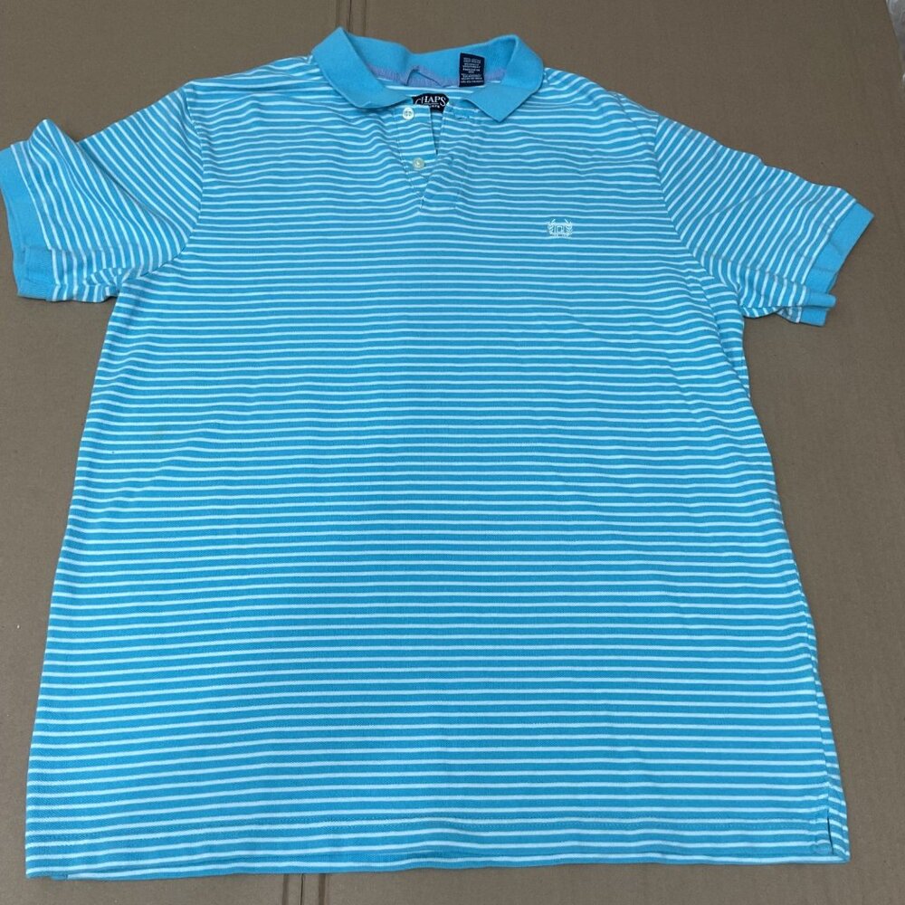Chaps Mens XL Blue & White Striped Polo Shirt 100% Cotton Embroidered Logo Short